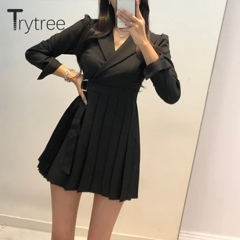 

Trytree 2020 Spring Women Dress Casual Turn-down Collar Solid 2 Color A-line Belt Pleated Mini Fashion Office Lady Suit Dress