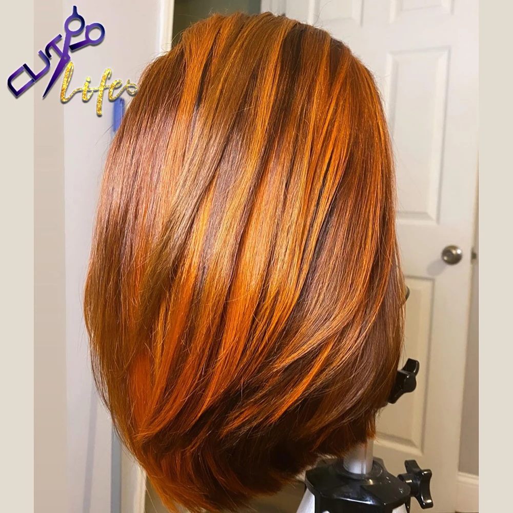 Highlight 13X4 Lace Front Wig Human Hair Short Brazilian Wig Straight Bob Pre Plucked Lace Closure Ombre For Black Women