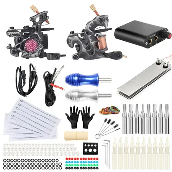 

Starter Beginner Complete Tattoo Kit 2 Coils Tattoo Machine Gun Liner Shader Power Supply Needles Foot Pedal Grips Tips Set