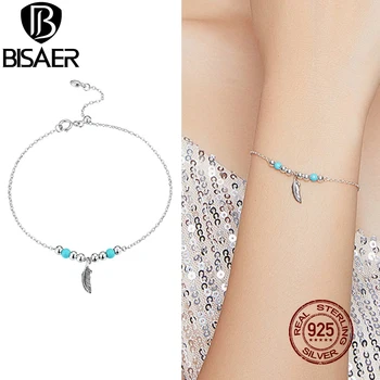 

BISAER Feathers Bohemia Bracelets 925 Sterling Silver 19cm Adjustable Wrist Chain Link Bracelet For Women Vintage Jewelry ECB181