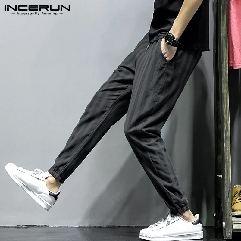 INCERUN Men Trendy Striped Pants Cotton Elastic Waist Trouser Pockets Korean Streetwear Mens Pencil Sweatpants Masculina