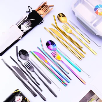 

Travel Camping Utensils, Reusable Silverware 304 Stainless Steel Portable Cutlery Set with Dish Cloth 9-Piece Travel Flatware