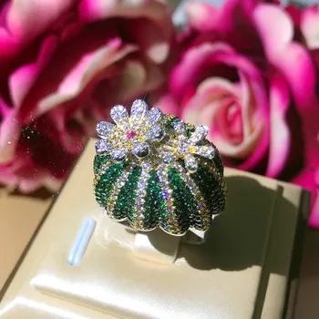 

2020 New Brand Jewelry Turn Opening Ring Inset With Green Zircon Colored Flower Cactus Opening Ring For Woman