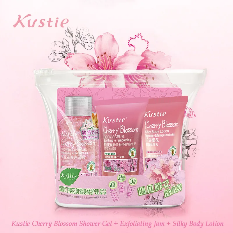 

Kustie Cherry Travel Set Hydrating products 50ml Shower Gel + 25ml Body Exfoliating Gel + 25ml Body Lotion Natural Bath Set