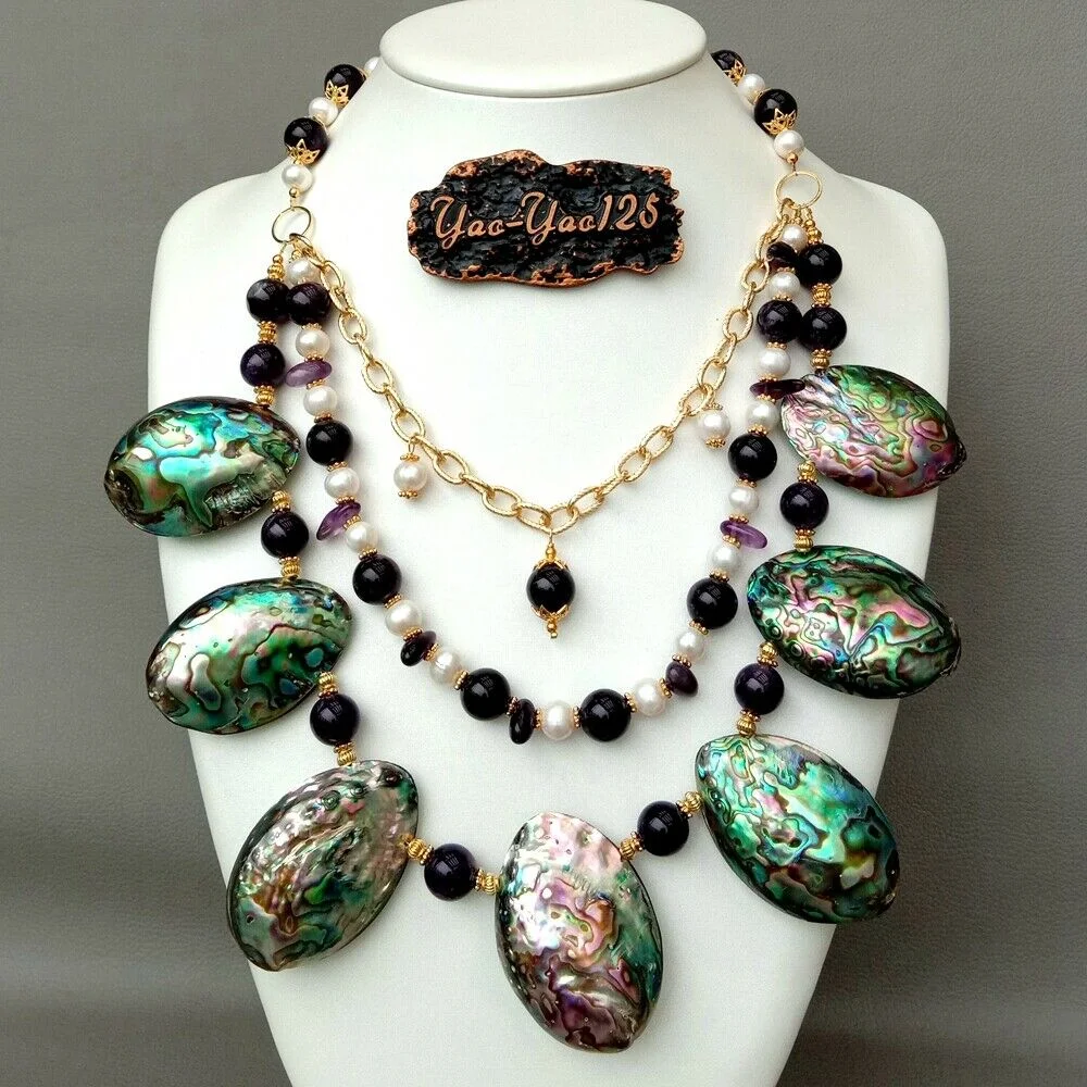 

Freshwater Whitew Pearl Gems Abalone Shell Multi Strand Statement Necklace
