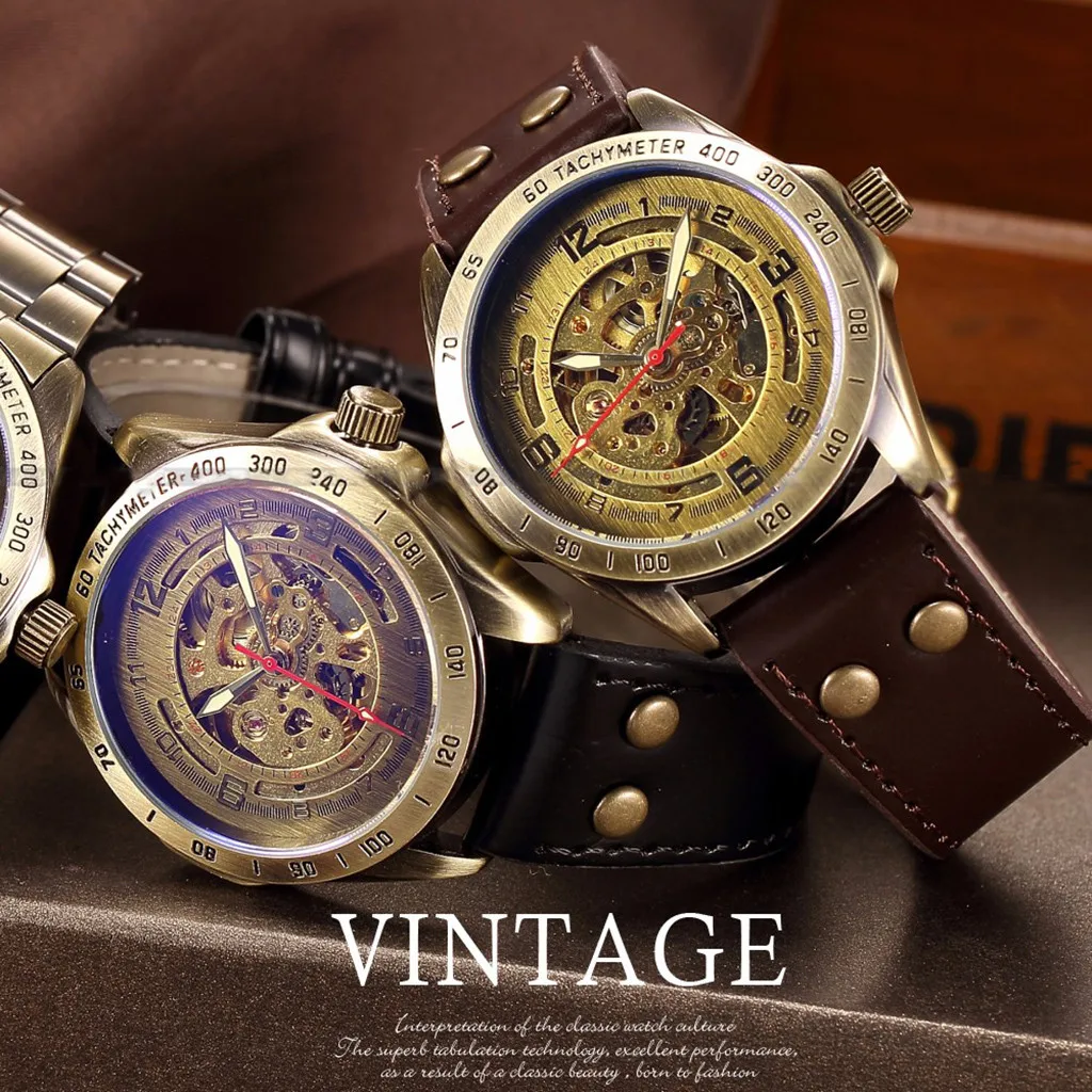 

Men's Watch Hollow Steampunk Leather Retro Automatic Mechanical horloges mannen montre homme 2019 luxe de marque erkek saati