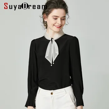 

SuyaDream Women Solid Office Blouses 100% Silk Crepe 2020 Spring Long Sleeved Bow Collar Blouse Shirt