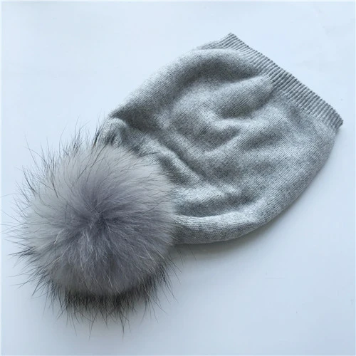 Light grey match fur Шерстяная хлопковая вязаная шапка с меховым понпоном, женская зимняя меховая норковая шапка, осенне-Весенняя вязаная шапка, шапка из натурального меха енота - Цвет: Light grey match fur