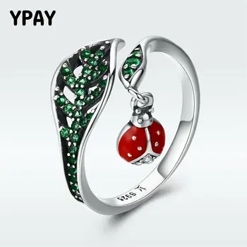 

YPAY Vintage Ladybug & Leaves Finger Rings for Women Real 925 Sterling Silver Opening Adjustable Ring Fine Jewelry Gift YMR201