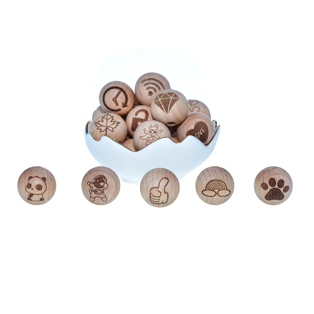 Mabochewing 100pcs Customize Laser Pattern Round Beech Wood Beads Baby Teethers