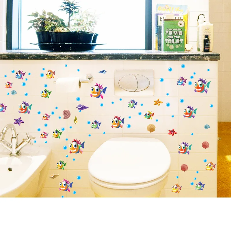 Wall Stickers Home Decors Underwater Fish Cartoons Bathroom Kids Bedroom Decals 