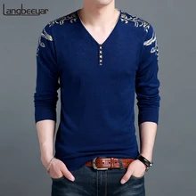 Новинка, модные брендовые мужские свитера, пуловеры с v-образным вырезом, Облегающие джемперы, вязаные узоры, зимние, корейский стиль, повседневная одежда для мужчин