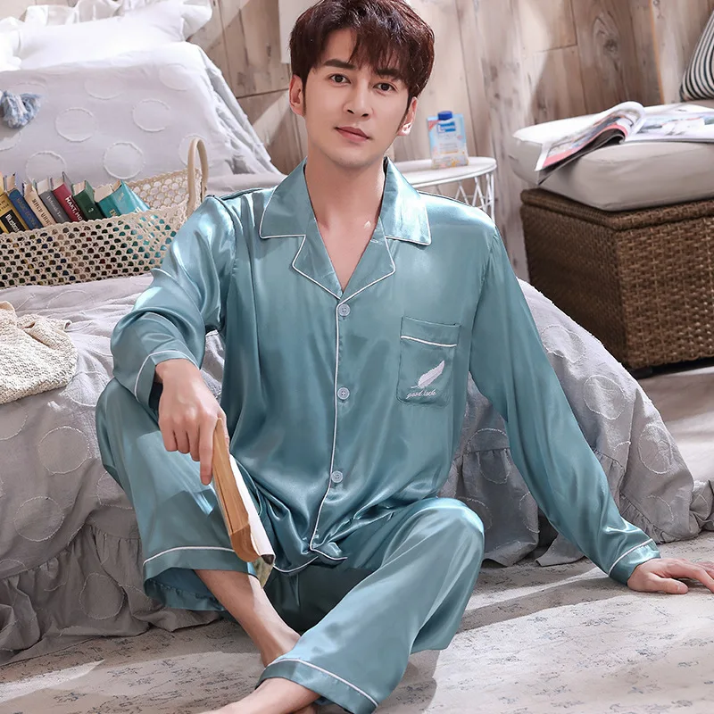 

2PCS Wedding Rayon Sleep Sets Casual 2020 New Pajamas Men's Set Sleepwear Summer Satin Long Sleeve Suit Male Lapel Home Clothing