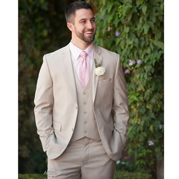 

New Champagne Men Wedding Suit Slim Fit 3 Piece Bridegroom Tuxedo Custom Men Suits Casual Blazer (Jacket+Pants+Vest)