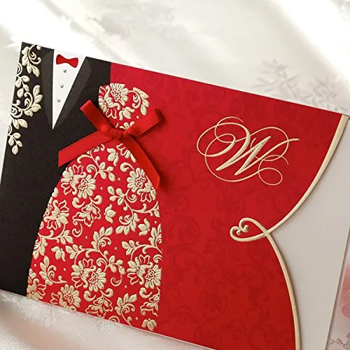

Wishmade Red Wedding Invitations Kit with Bride & Groom Dress and Red envelopes Blank Inserts Cards ,Customizable,100Pcs/lot