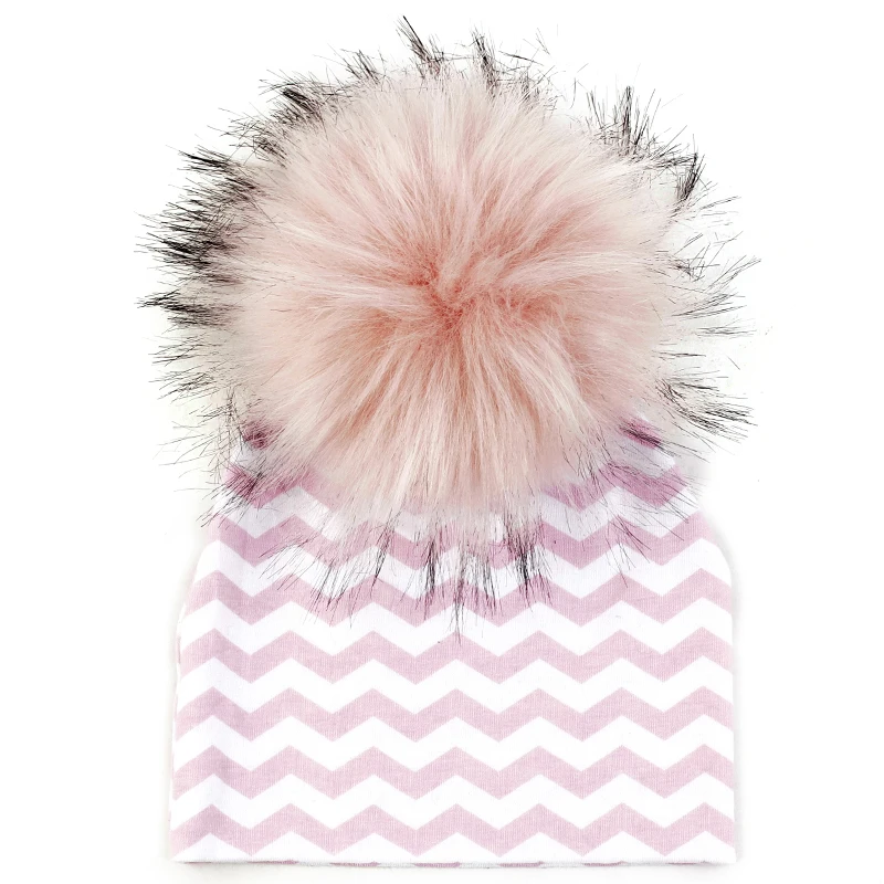Шапка для новорожденного, шапка с помпоном из искусственного меха 15 см, хлопковая шапка с волнистым узором для зимы, Осенние вязаные шапки для малышей, теплая шапка с изображением ангела и черепа - Цвет: pink 8