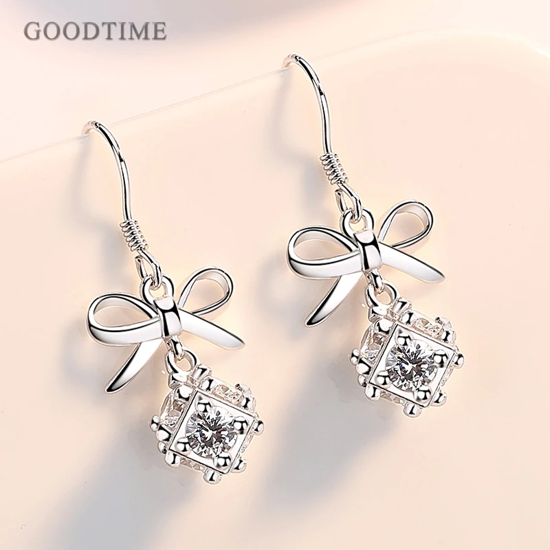 Трендовые женские серьги из чистого 925 пробы серебра, серьги с серебряным бантом, инкрустированные циркониевые квадратные серьги, Подарок на годовщину девочки