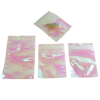 

100 Pcs Iridescent Clear Ziplock Bag Pouches Cosmetic Plastic Laser Iridescent Bags Holographic Makeup Bags Hologram Zipper Bag