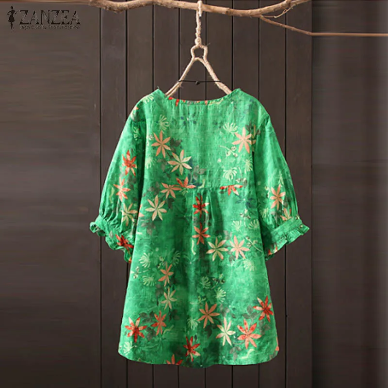ZANZEA 2019 Women Blouse Autumn Summer Shirt Half Sleeve O Neck Floral Printed Tops Leopared Tunic Blusas Plus Size Chemise Tee