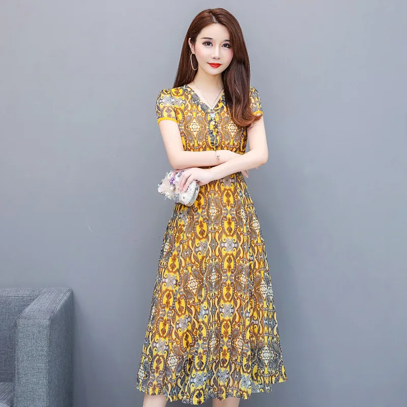 

Short Sleeve Chiffon Double Layer Mesh Dress Women's Mid-length Slim Fit Waist Hugging Long Skirts Summer 2019 New Style Popular