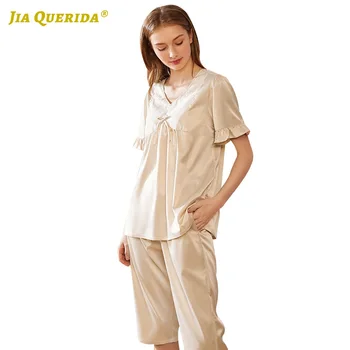 

Summer Solid White Soft Pajamas Set Homesuit Homeclothes Sleepwear Casual Style V Neck Woman Clothes Short Sleeve Satin Silk