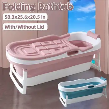

1.48m Foldable Bathtub for Adults Freestanding Outdoor Spa Hot Tub Plastic Portable Bathtub Full Body Soaking Bath Tub w/Cover