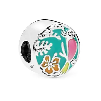 

Free Shipping 925 Sterling Silver Beads Enamel Colorful Parrot & Flower Round Charms Fit Original Pandora Bracelet DIY Jewelry