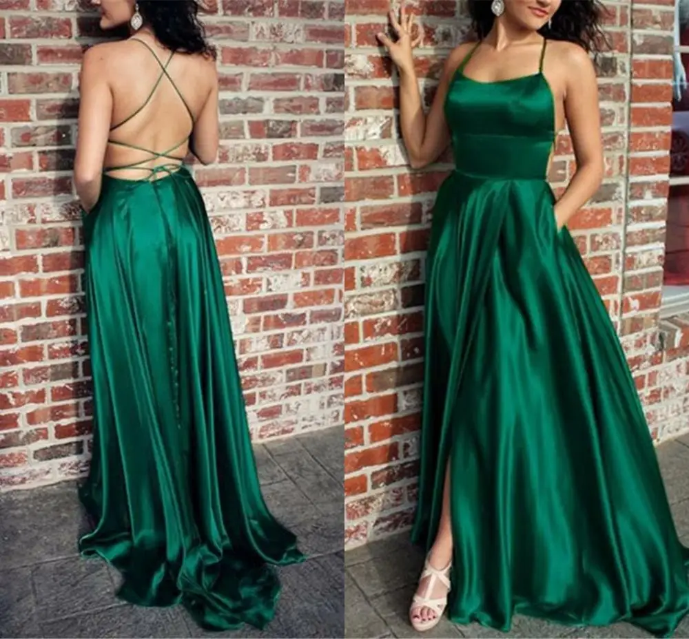 

New Green Evening Dresses 2020 A-Line Split-Front Criss-Cross Straps Prom Party Gowns Vestidos De Festa Longo Red Carpet Party Wear