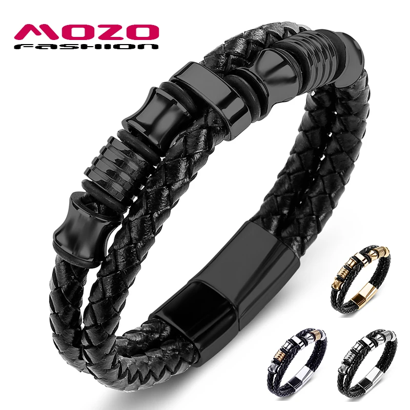 

Fashion Bangle Men Jewelry Black Leather Braided Rope Chain Stainless Steel High Quality Bracelets for Male Party Gifts 067