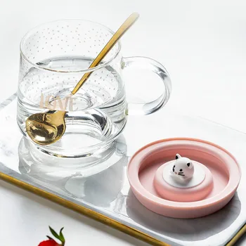

Cartoon Cat Glass Cups Coffee Mugs Cute Women Glass Tea Cup Pink Lid Spoon Creative Milk Mug Copos De Vidro Home Decor AC50GC