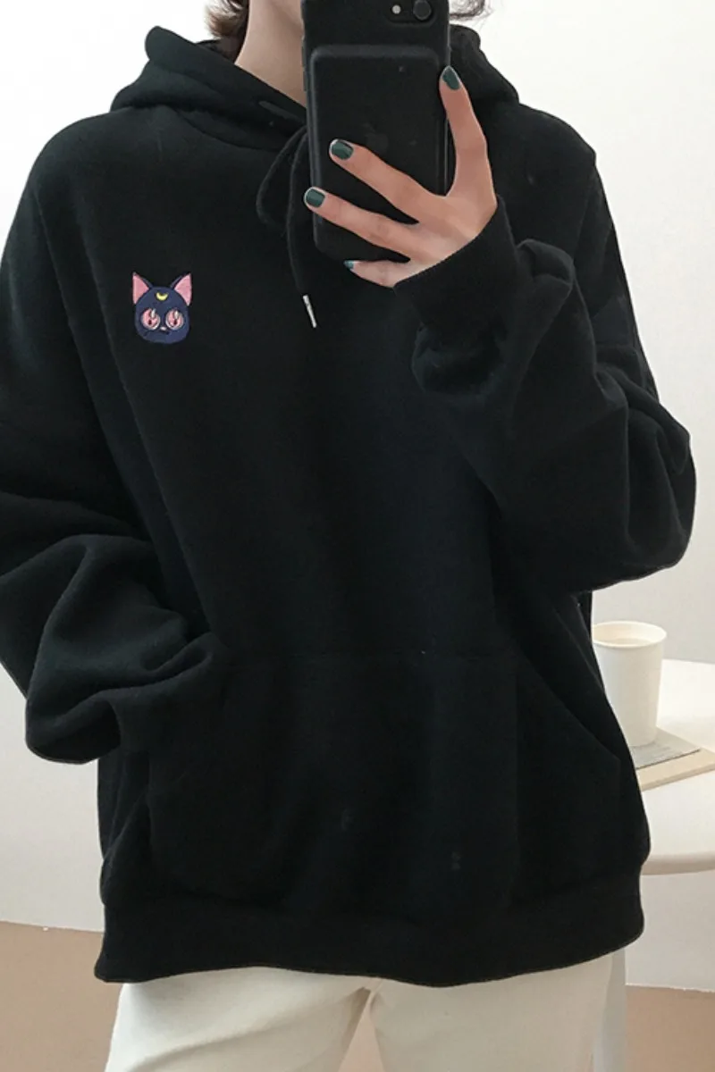 Вышитые Луна кошка розовые толстовки для женщин Kawaii корейский стиль свободная толстовка с капюшоном пуловеры