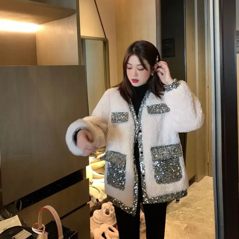 Bella philoosphy осеннее женское белое пальто из овечьей шерсти, женская зимняя плотная свободная Корейская куртка, женская модная верхняя одежда с блестками и карманами