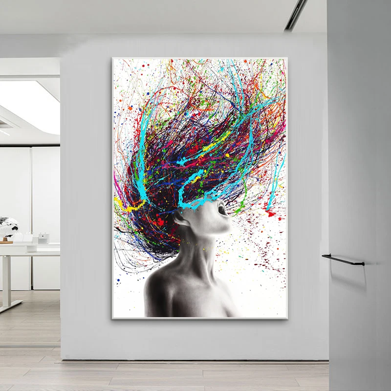 ModernAbstractWallArtColoredHairWomanCanvasPaintingFigure