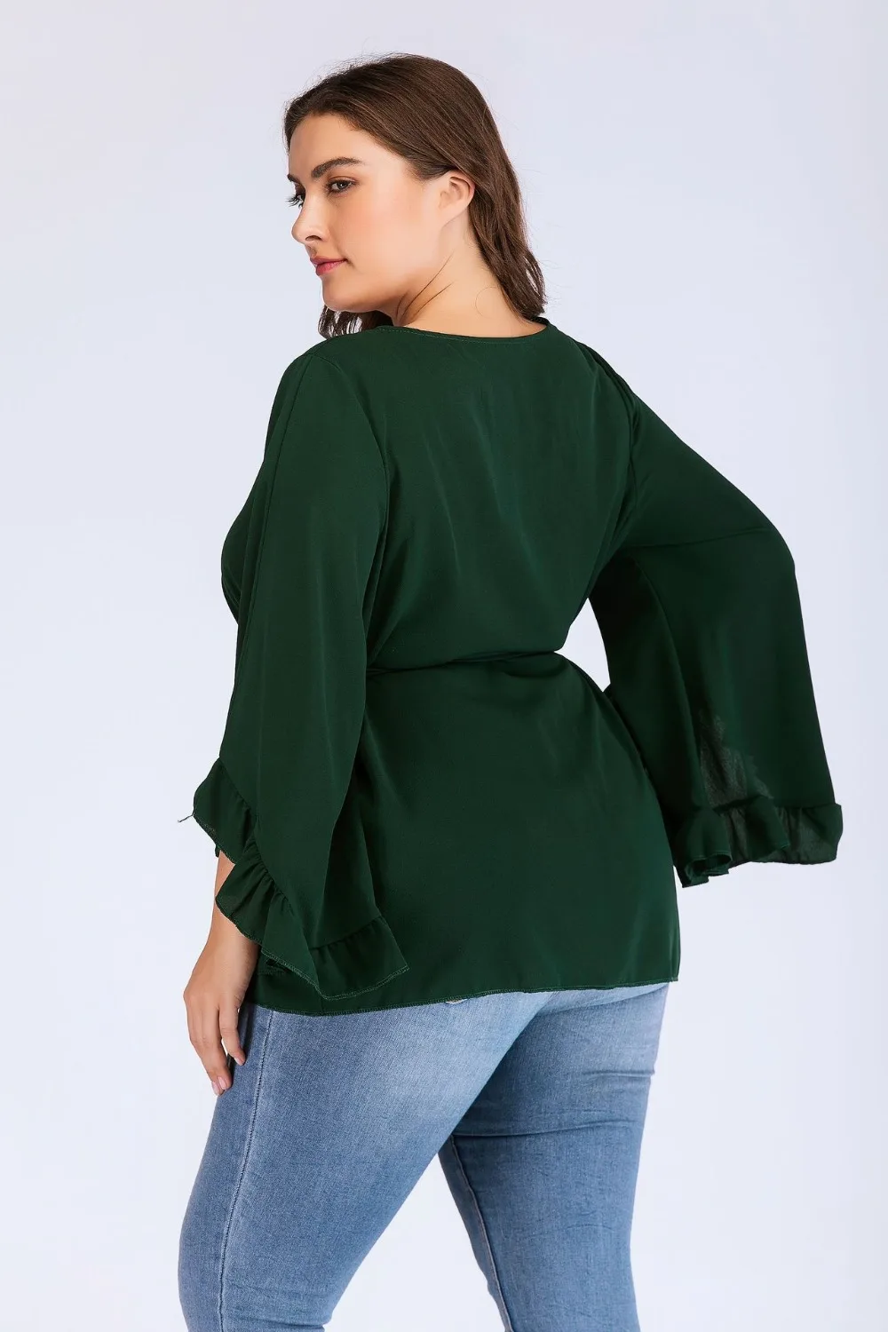 new autumn winter plus size tops for women long sleeve large cotton O neck casual loose T shirt belt green 4XL 5XL 6XL 7XL