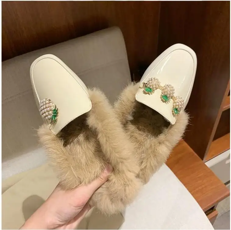 Womens Real Rabbit Fur Backless Pineapple Pearls Leather Slipper Mule Slide Princetown Shoes Square Toe Mules Warm