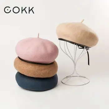 

COKK Hot Fashion Women Berets Female 90% Wool Beret Casual Wool Thick Warm Winter Hat Pu Leather Brim Berets Painter Hat Female