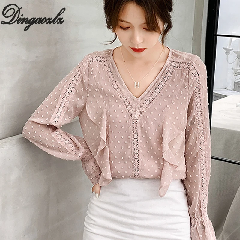 Dingaozlz новая Корейская элегантная шифоновая блузка с длинным рукавом модная кружевная шифоновая рубашка женская одежда кружевные топы - Цвет: pink