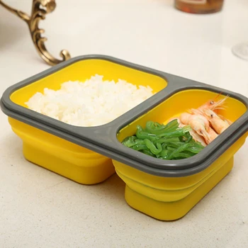 

2 Cells Silicone Collapsible Portable Bento Box 900ml Microwave Oven Bowl Folding Food Storage Lunch Container With Cutlery Set