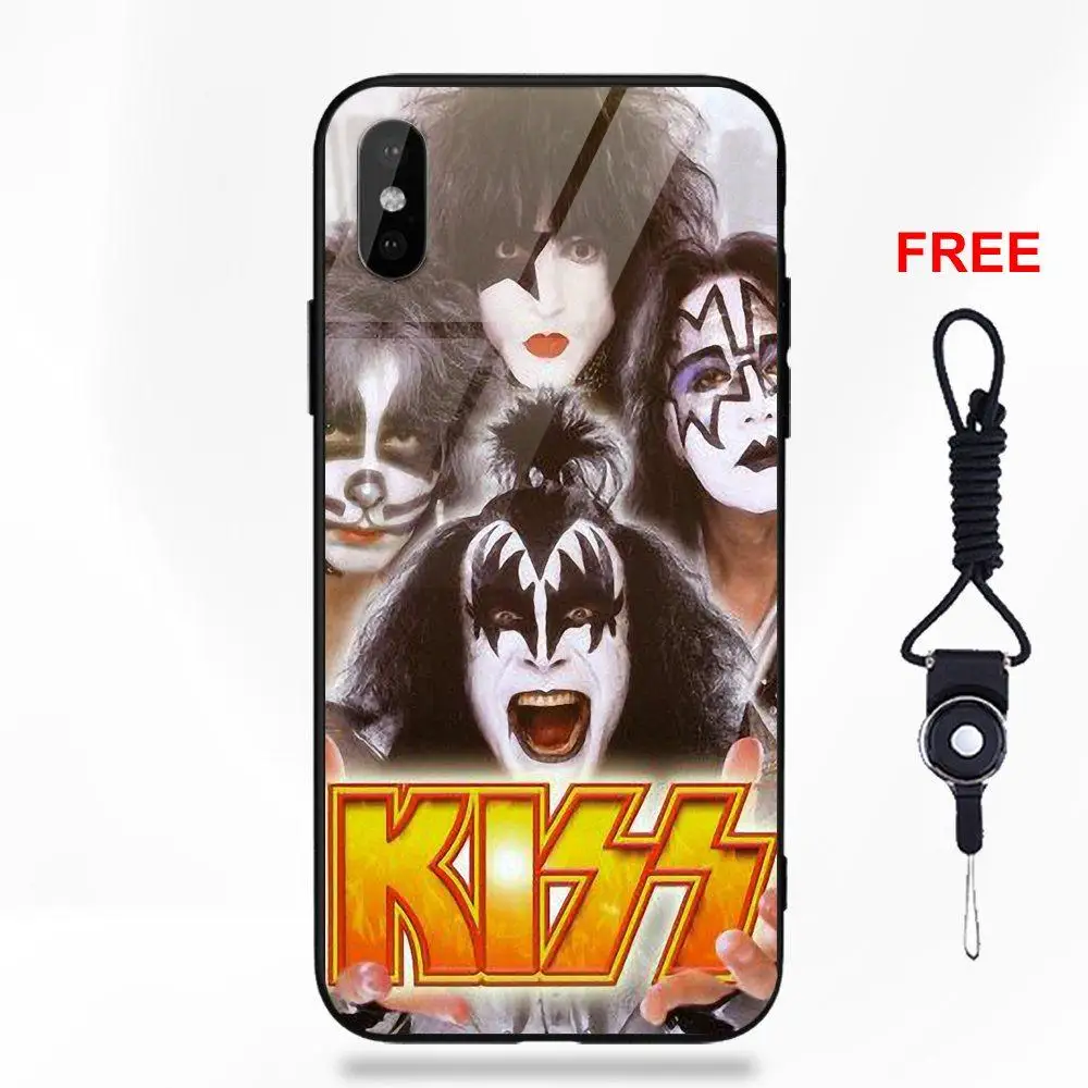 Рисунок мягкий ТПУ чехол+ закаленное стекло чехол для телефона Apple IPhone X XS Max XR 5 5C 5S SE 6 6S 7 8 Plus Kiss тяжелый Логотип рок-группы - Цвет: as picture