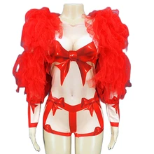 

Fashion Bow Print Tight Stretch Bodysuit Mesh Puff Sleeve Tassel Women Jumpsuit Stage Show Dance Wear Prom Party Costumes