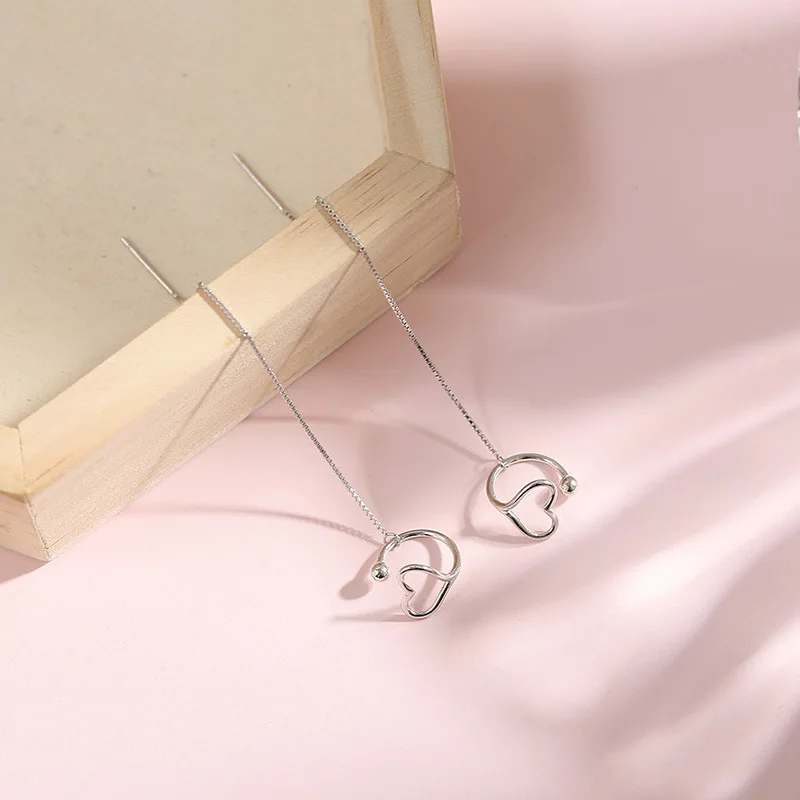 Серьги-Клипсы из стерлингового серебра S925 пробы в форме сердца, Простые Длинные серьги-цепочки, модные женские серьги