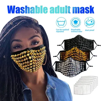 

Personality Studded Face Mask Cover 3 layer 100% Cotton Inner Pocket Filter Wired Nose Bridge Adjustable Earloop Protective Mask