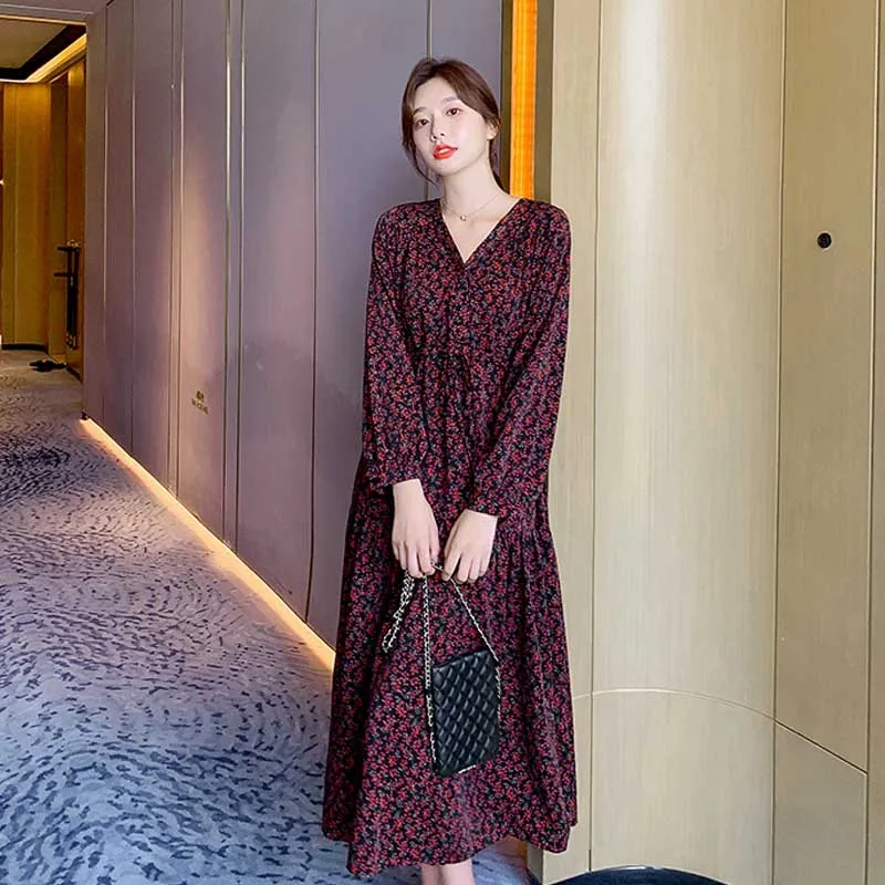 2020 Long Dress Spring Autumn Fashion New Women Long Sleeve Floral Print Dress Vintage Korean Elegant One-Piece Dress Vestidos