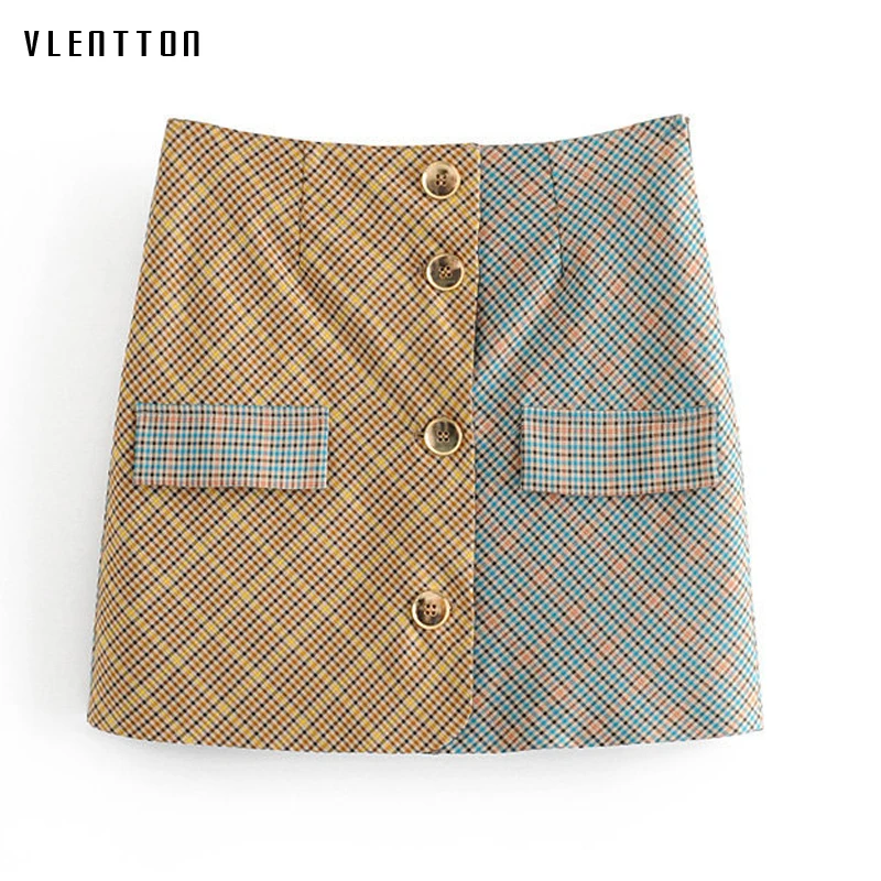 Women Sexy A-Line Mini Skirt Spring Autumn Vintage Button Plaid Spliced Office Ladies Elegant Work Skirts Saia Jupe Femme
