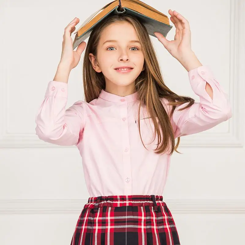 

British College 2019 School Formal Girls Shirts Long Sleeve Cotton Stand Collar Blouse Solid Color Button Children's Uniform