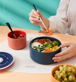 

GIEMZA Microwave Lunchbox Ceramic Picnic Portable Tableware Kids Lamian Noodles Soup Bowl with Lid Sealed Office Worker