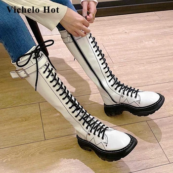 

Vichelo Hot korean girls genuine leather buckle decoration round toe high square zipper beauty lady mature knee-high boots L05