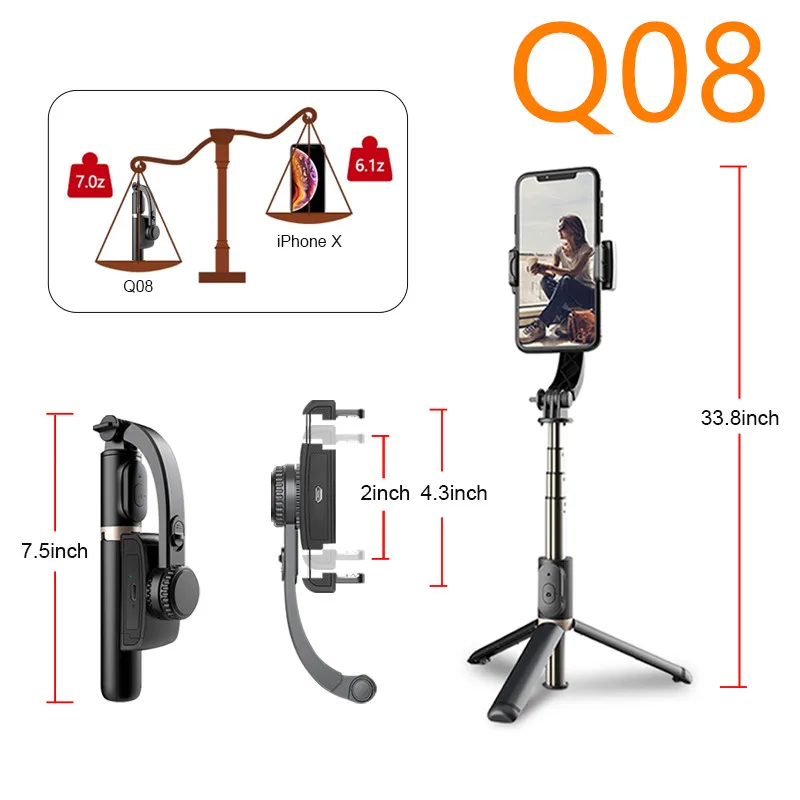 Estabilizador do Telefone Suporte para Iphone Ruzsj Bluetooth Handheld Cardan Móvel Q08 Selfie Vara Titular Ajustável - Huawei L08 - Image 6