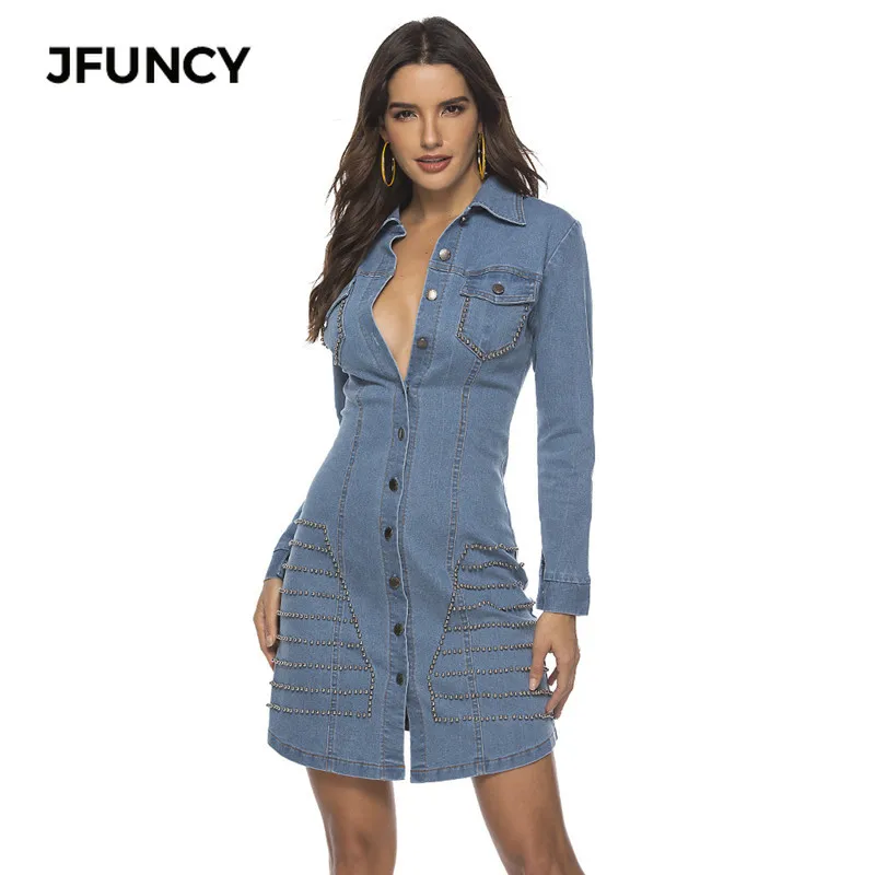 JFUNCY/модное женское осеннее джинсовое платье из хлопка с длинным рукавом, повседневное свободное платье с заклепками, уличная Весенняя джинсовая одежда с отложным воротником