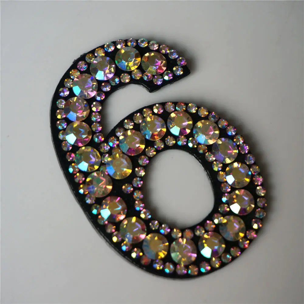 

Rainbow Rhinestone 6 Number Six Arabic Numerals Sew Iron On Patch Embroidery Badges For Clothes Decoration DIY Appliques Craft